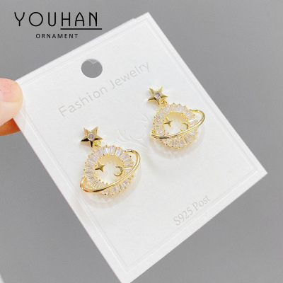 2021 New Copper Plated Real Gold Micro Inlaid Zircon Planet Earrings Female Sterling Silver Needle Stud Earrings Ornament Factory Wholesale