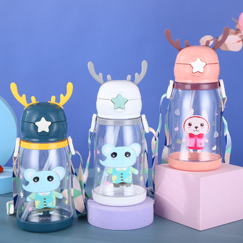 Creative Cute Antler Children‘s Pot Student Straw Portable Plastic Water Cup TikTok Same Style Tea Cup Spot Stock 