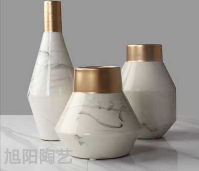 Vase Three-Piece Set Low Luxury Ink Glaze Flower Holder Living Room Decoration Home Ceramic Gold Craft Ornaments