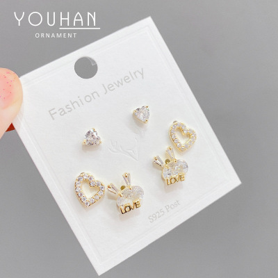 Korean Exquisite Sterling Silver Needle Micro-Inlaid Stone Female Ear Studs Niche Design All-Matching Graceful One Card Three Pairs Earrings