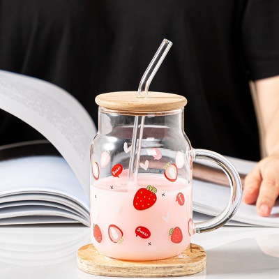 Creative Strawberry Glass Lid Straw Cute Female Summer Large Capacity Student Water Cup Internet Celebrity Office Milk Cup