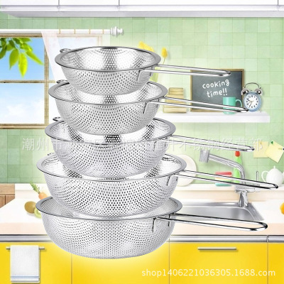 Factory Direct Supply Stainless Steel Single Handle Dense Hole plus Ear Multi-Purpose Basket Fried Pasta Spoon Stainless Steel Colander