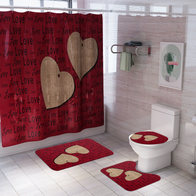 New Pattern Wood Printing Shower Curtain Floor Mat Four-Piece Bathroom Toilet Mat Set Amazon Overseas Warehouse Exclusive