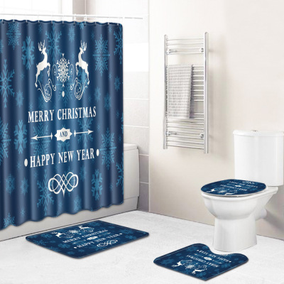 Christmas Element Bathroom Shower Curtain Floor Mat Toilet Cover Foot Mat Four-Piece Set Amazon Sources Pattern Customized Size