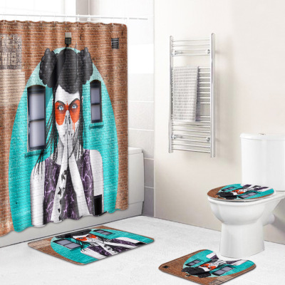 Fashion Texture Bathroom Shower Curtain Floor Mat Toilet Cover Foot Mat Four-Piece Set Amazon Sources Pattern Customized Size 1
