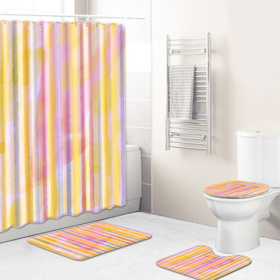 Striped Plaid Bathroom Shower Curtain Floor Mat Toilet Cover Foot Mat Four-Piece Set Amazon Sources Pattern Customized Size 1