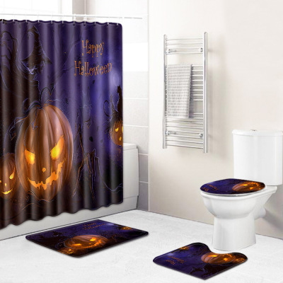 Halloween Series Bathroom Shower Curtain Floor Mat Toilet Cover Foot Mat Four-Piece Set Amazon Sources Pattern Customized Size