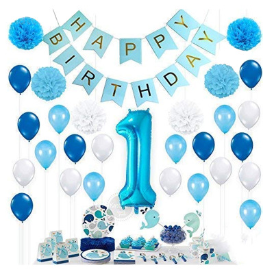 Birthday Party Decoration Hanging Flag Balloon Paper Flower Ball Baby Boy's 1-Year-Old Birthday Suit