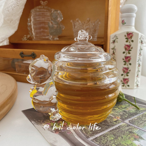 Xiaomi Zhou Ins Fenggu Bear Honey Pot Lead-Free Glass Sugar Jar Korean Jewelry Storage Glass Storage with Lid