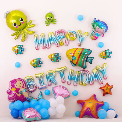 Baby Happy Birthday Scene Layout Ocean Theme Party Background Wall Decoration Ocean Gradient Balloon Package