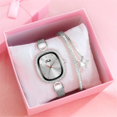 Cross-Border Platform Hot Sale Women's Diamond Oval Small and Simple Silver Mesh Strap Watch Bracelet Combination Set