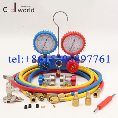 r22r134a air conditioning fluoride meter set aluminum valve body with sight glass fluorine double gauge set 3 color hose