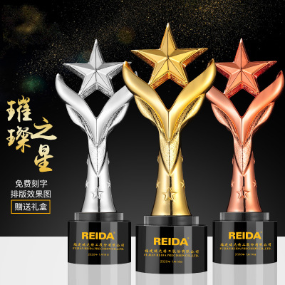 Creative Five-Pointed Star Trophy Made Crystal Resin Honor Award Gold and Silver Copper-Plated Gold Lettering Trophy Factory Wholesale