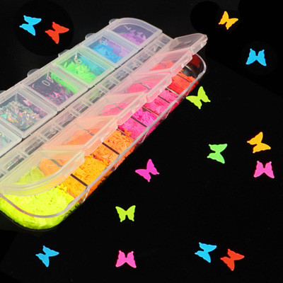 12-Grid Independent Boxed Fluorescent Butterfly Love Heart Flowers Nail Sequins XINGX Matte Ornament