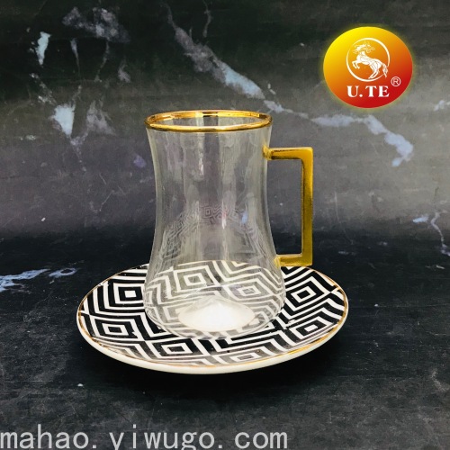 Glass with Handle Six Cups and Six Plates with Ceramic Dish 