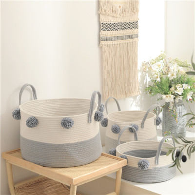 Fur Ball with Handle Cotton Braided Basket Bedroom Clothing Toys Dirty Clothes Basket Snack Storage Basket Storage Box
