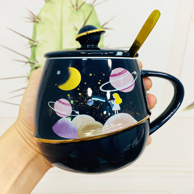 Cross-Border Creative Girl Planet Mug with Lid Cartoon Couple Ceramic Cup Opening Gift
