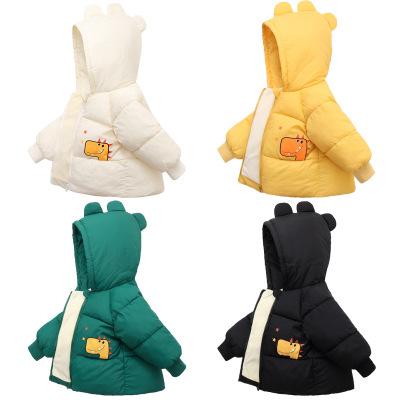 Tong Luoke New Children Toddler Fleece Lined Padded Warm Keeping Cotton-Padded Jacket Baby Boy and Baby Girl Cartoon Dinosaur Hooded Printed Cotton-Padded Jacket
