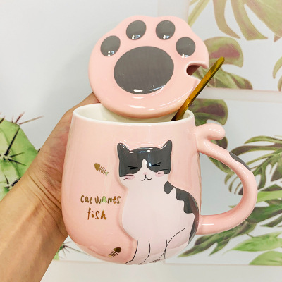 Cross-Border Export Creative Cute Cartoon Cat Ceramic Mug with Lid Boys and Girls for Couple Breakfast Milk Drinking Water