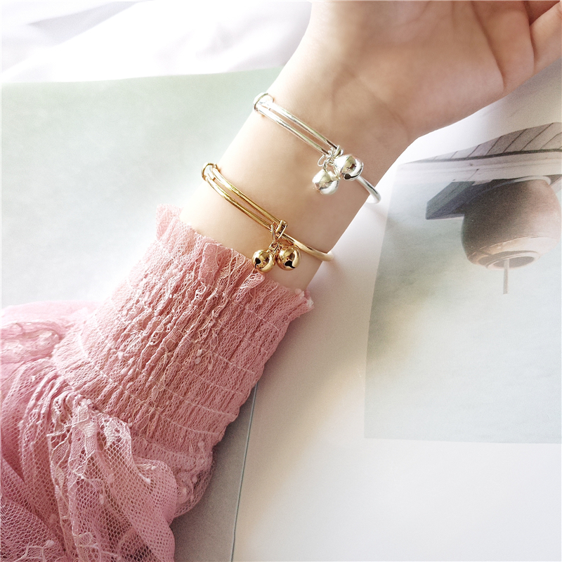 Korean Style Simple and Fresh Electroplated 925 Sterling Silver Glossy round Belly Push-Pull Bell Bangle Bracelet All-Match Jewelry Women