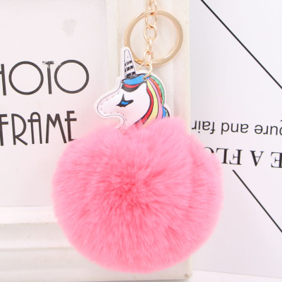Colorful Unicorn Fuzzy Ball Pendant Double-Sided PU Leather Unicorn Keychain Women's Bag Automobile Hanging Ornament Customized
