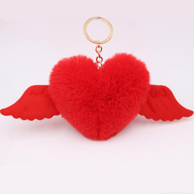 Peach Heart Wings Heart Wool Ball Keychain Pendant Heart-Shaped Plush Bag Girl Ornaments Car Cute Small Gifts