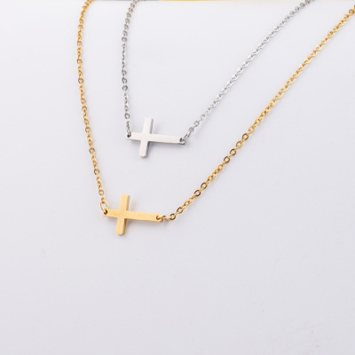 Mirror Stainless Steel Cross European and American Fashion Creative Women's Horizontal Cross Pendant Clavicle Necklace