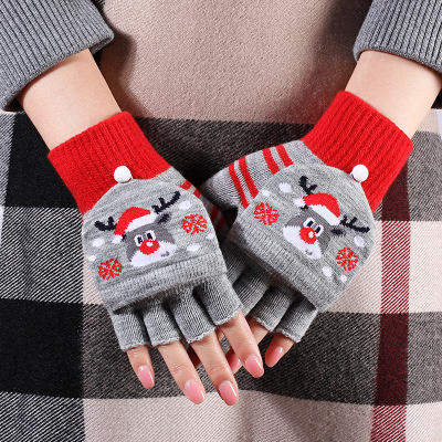Gloves Girls Winter Half Finger Flip Thickened Thermal Knitting Christmas Cartoon Fingerless Game Fingerless in Stock Wholesale