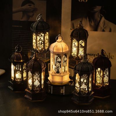 Christmas Ramadan Vintage Luminous Hexagonal Glass Lantern Desktop Decoration Scene Layout Decoration Cross-Border Hot Products