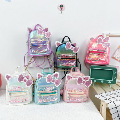 Children's Korean-Style Fashion Colorful Sequins Transparent Crack Cute Cat Ear Backpack