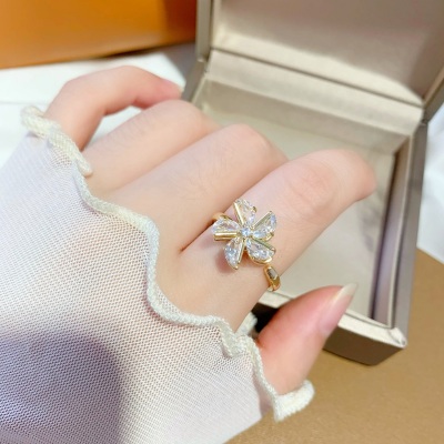 Rotatable Windmill Flower Ring Female Temperament Ins Special-Interest Design Diamond Index Finger Ring Open-End Personality Ring Tide