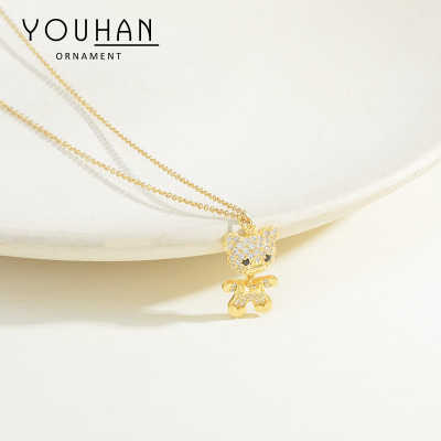 INS Korean Style Micro Inlaid Zircon Full Diamond Bear Necklace Female Ins Trendy Design Simple Fashion Girl Clavicle Chain