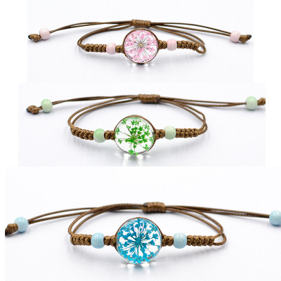 12-Color Dried Flower Bracelet Mori Style Glass Pull Lace Starry Ornament Real Plant Fashion Hand-Woven