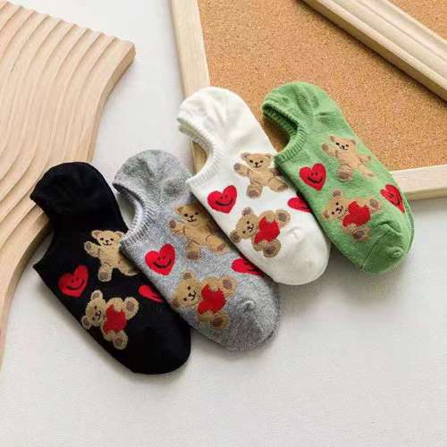 thin breathable socks women‘s fashionable socks japanese bear love pure color super short anti-friction breathable invisible boat socks