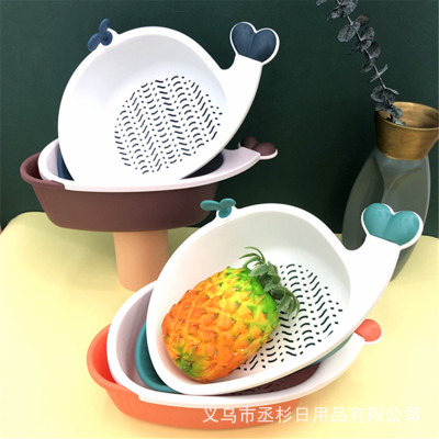 One Basket Two-Purpose Double-Layer Thickened Whale Drain Basket Multi-Functional Hollow Drain Basket Household Vegetable and Fruit Washing Drain Basket