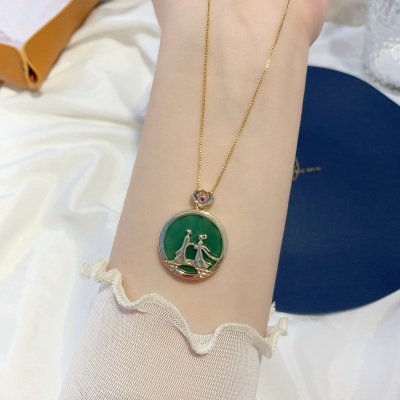 Cowherd and Weaving Girl Imitation Yellow Gold Inlaid with Jade Pendant Clavicle Necklace Temperament Alluvial Gold Necklace No Color Fading Girlfriend Gift