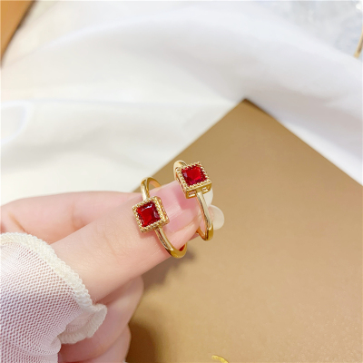 Elegant Small Square Red Crystal Index Finger Ring Women's Simple Alluvial Gold Diamond-Embedded Open Ring Women's No Color Fading