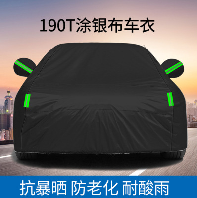 Car Cover Full Black 190T Silver-Coated Cloth Car Cover Rainproof and Sun Protection with Car Cover Polyester Reflective Stripe Car Cover