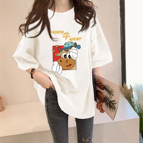 year of the ox birth clothes women‘s short-sleeved t-shirt good luck top student loose bottoming shirt new