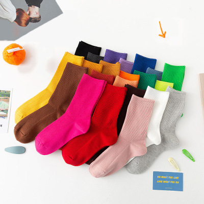 Socks Women's Candy Color Retro Vertical Stripes Tube Socks Spring and Summer New Casual Cotton Socks Trendy Solid Color Bunching Socks Wholesale