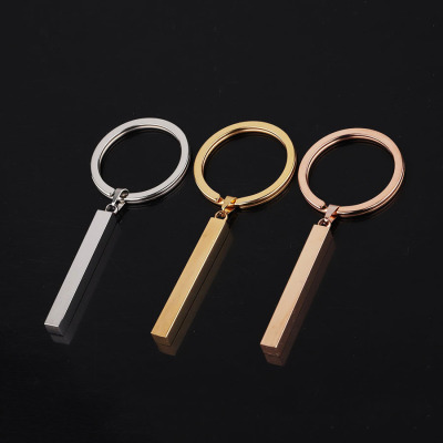 Spot Stainless Steel Three-Dimensional Long Bar Tag Keychain Four-Sided Glossy Can Carve Writing Personalized Keychain Pendant