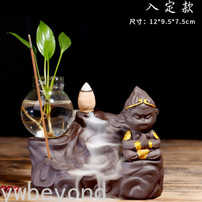 Ywbeyond Red Porcelain mahatma Monkey King Backflow Incense Holder Censer with Glass Flower pot for Home Teahouse