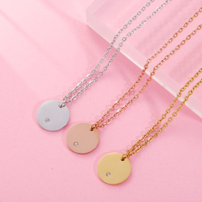Factory Direct Simple Fashion Mirror Stainless Steel Necklace and Pendant Geometric round with Diamond Laser Logo Pendant