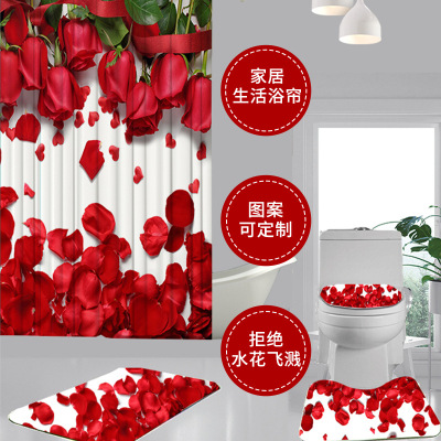 3D Toilet Four-Piece Shower Curtain Cross-Border Polyester Bathroom Bathroom Flower Shower Curtain Four-Piece Set