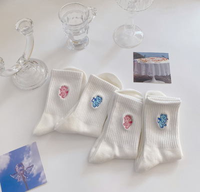 Tube Socks Women's Cute Angel Embroidered Socks Pure Cotton Ins Trendy Sweet All-Matching Japanese White Cartoon Long Socks