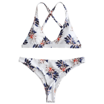 New Printed Split Bikini Blue Flower Sexy European and American Foreign Trade Swimsuit