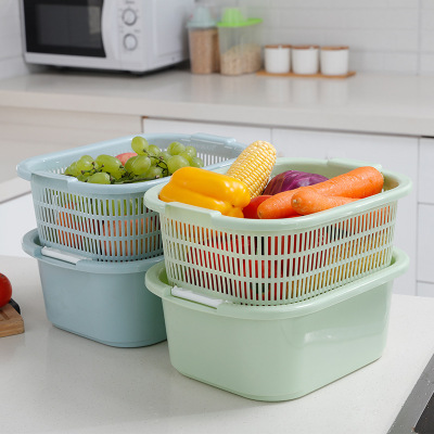 Double-Layer Plastic Washing Basin Drain Basket Kitchen Vegetable Washing Basket Fruit Basket Fruit Plate Household Fruit Pot Stackable
