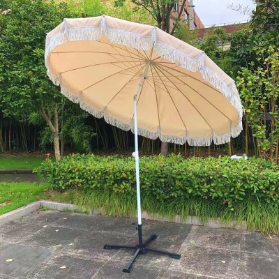 Outdoor Spot 2.2 M Tassel Polyester Wood Umbrella Beach Umbrella Printing Leisure Courtyard Decorative Umbrella Windproof and Rainproof