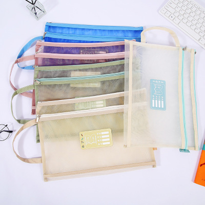 A4 Morandi Transparent Mesh Student Subject Sorting Bag Tuition Bag Double Layer Portable Bag Portable Test Paper Storage Bag