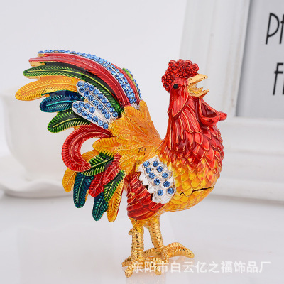 Rooster Jewelry Box Animal Creative Home Metal Ornaments Diamond-Embedded Painted Art Gift Gift Alloy Cock